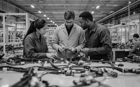 Valeo SE FR0013176526 dokumentiert Schwarzweiß-Reportage von Ingenieuren bei Prüfung elektronischer Kabelbaum-Komponenten in Fabrik - Foto: THN