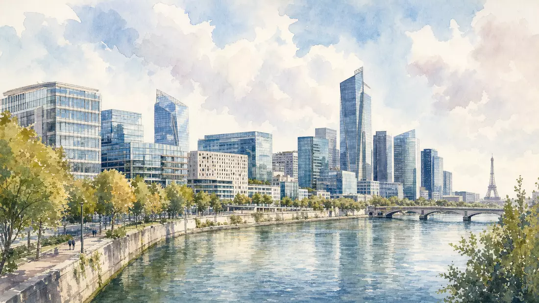 Aquarellmalerei einer modernen Bürohaus-Skyline nahe Paris an der Seine