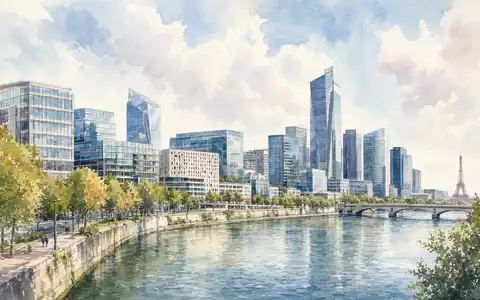 Valeo SE FR0013176526 präsentiert Aquarellgemälde der Pariser Bürotürme entlang der Seine mit Eiffelturm im Hintergrund - Foto: THN