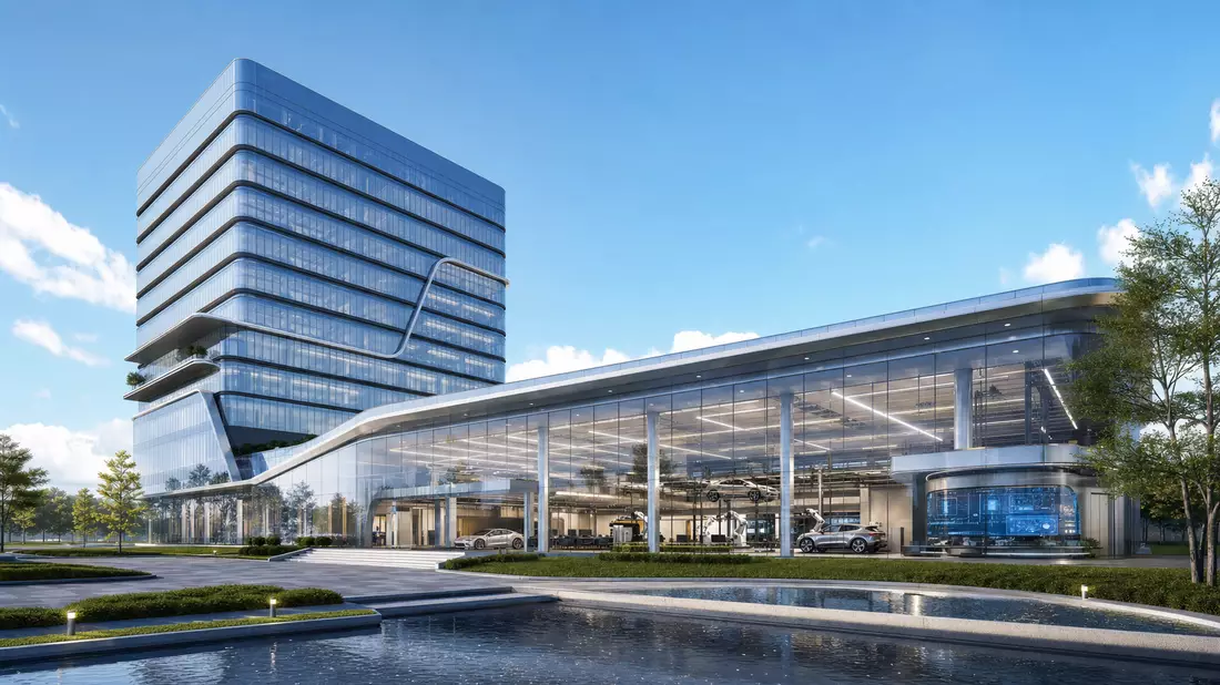 3D-Architekturvisualisierung eines modernen Glasgebäudes mit Technologiezentrum