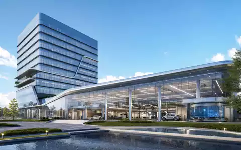 Valeo SE FR0013176526 illustriert futuristisches Architektur-Rendering eines gläsernen Firmensitzes mit angeschlossenem modernem Elektrofahrzeug-Technologiezentrum - Foto: THN