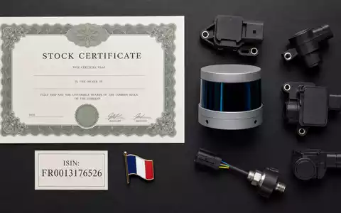 Valeo SE FR0013176526 zeigt Flatlay mit Aktienzertifikat, ISIN-Karte, Lidar-Sensor und Automobilelektronik-Bauteilen auf dunklem Tisch - Foto: THN