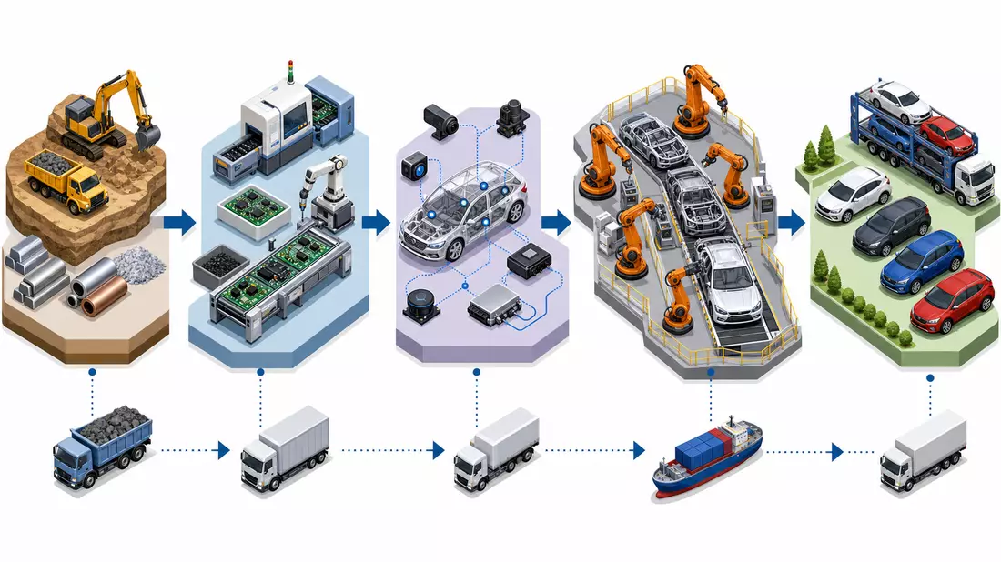 Isometrische 3D-Illustration der Wertschöpfungskette in der Automobilindustrie