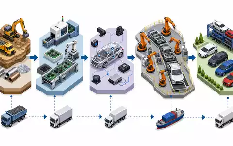 Valeo SE FR0013176526 veranschaulicht isometrisches 3D-Diagramm der Automobil-Wertschöpfungskette von Rohstoff bis Endmontage - Foto: THN