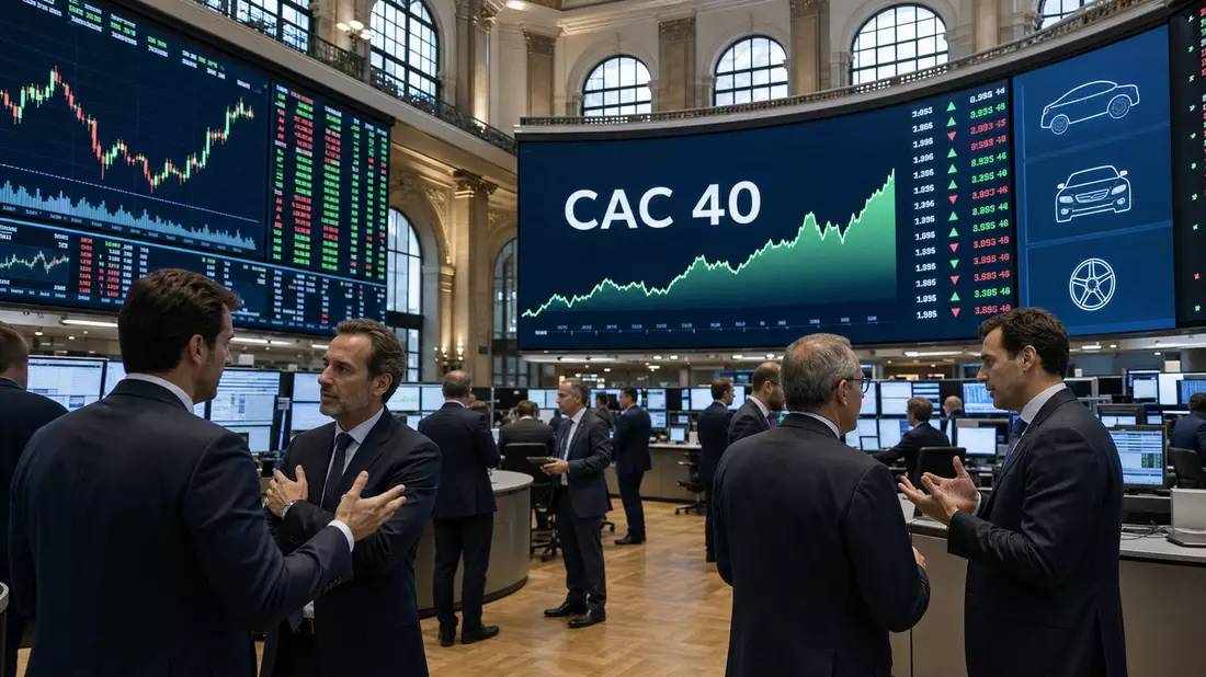 Trading-Floor in Paris mit CAC 40 Index und Automobilsektor-Charts