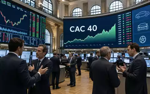 Valeo SE FR0013176526 zeigt Börsen-Editorial mit Trading-Floor, CAC 40 Index und Automobilsektor-Charts auf großen Bildschirmen - Foto: THN