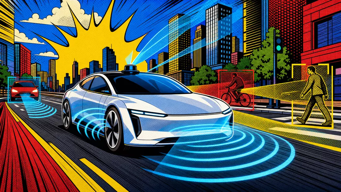 Pop-Art-Comicillustration eines Elektroautos mit ADAS-Sensorwellen in der Stadt