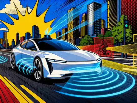 Valeo SE FR0013176526 präsentiert Pop-Art-Comicszene eines Elektrofahrzeugs mit sichtbaren Sensorwellen und ADAS-Radarstrahlen in Stadt - Foto: THN