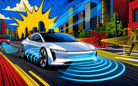 Valeo SE FR0013176526 präsentiert Pop-Art-Comicszene eines Elektrofahrzeugs mit sichtbaren Sensorwellen und ADAS-Radarstrahlen in Stadt - Foto: THN