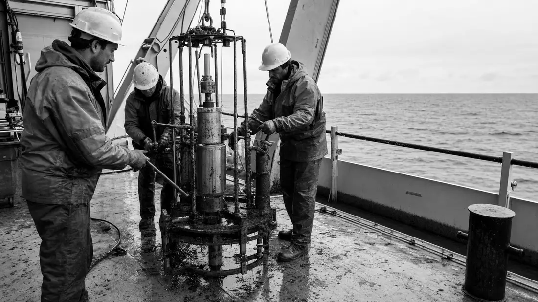 Schwarzweißfoto von drei Ingenieuren an Bohrgerät auf Schiffsdeck