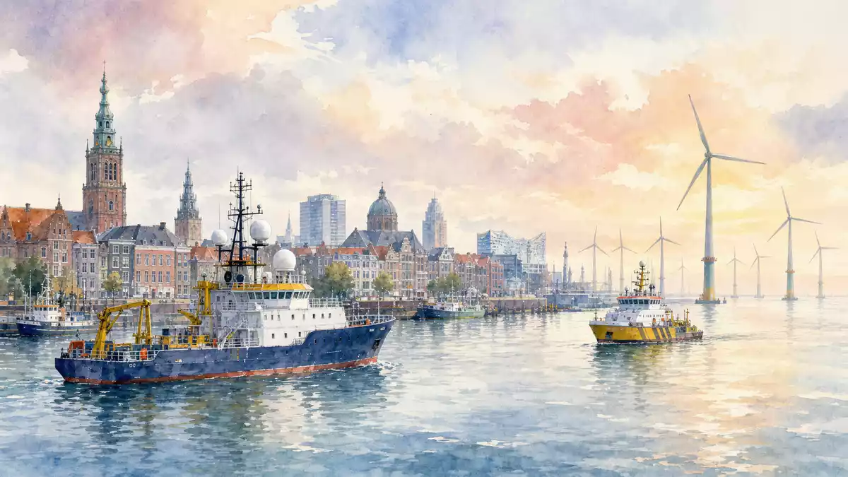 Aquarellmalerei einer Hafenstadt mit Schiffen und Offshore-Windturbinen