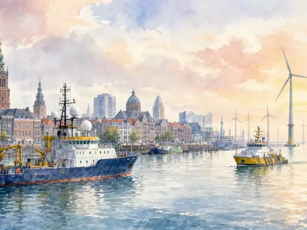 Fugro N.V. (ISIN NL00150004L0) zeigt ein Aquarellbild einer Hafenstadt mit Vermessungsschiffen und Offshore-Windturbinen im Hintergrund - Foto: THN