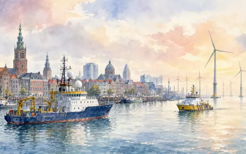 Fugro N.V. (ISIN NL00150004L0) zeigt ein Aquarellbild einer Hafenstadt mit Vermessungsschiffen und Offshore-Windturbinen im Hintergrund - Foto: THN