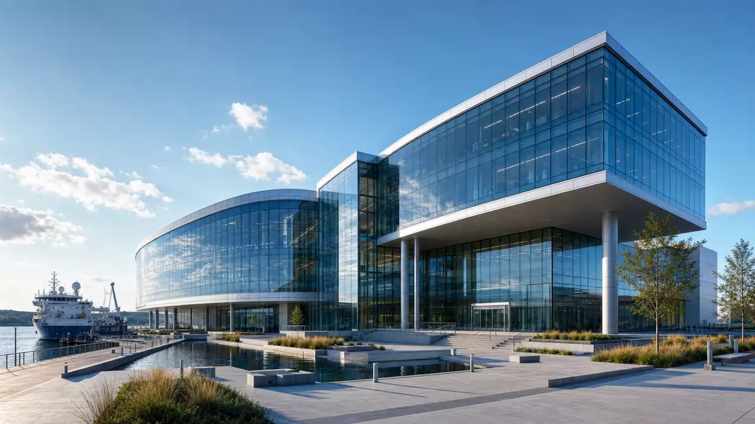 Modernes Glasgebäude am Hafen mit angedocktem Forschungsschiff
