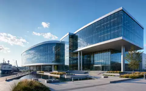 Fugro N.V. (ISIN NL00150004L0) zeigt ein architektonisches Render eines modernen Glas-Forschungszentrums mit angedocktem Forschungsschiff - Foto: THN