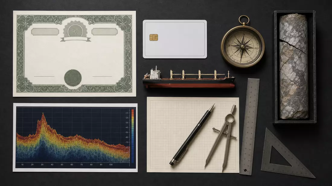 Flatlay mit Zertifikat, Karte, Kompass, Bohrkern und Zeichenwerkzeugen