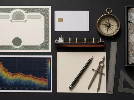 Fugro N.V. (ISIN NL00150004L0) zeigt ein Flatlay mit Aktienzertifikat, ISIN-Karte, Bohrkern, Kompass und typischen Vermessungswerkzeugen - Foto: THN