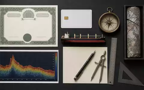 Fugro N.V. (ISIN NL00150004L0) zeigt ein Flatlay mit Aktienzertifikat, ISIN-Karte, Bohrkern, Kompass und typischen Vermessungswerkzeugen - Foto: THN