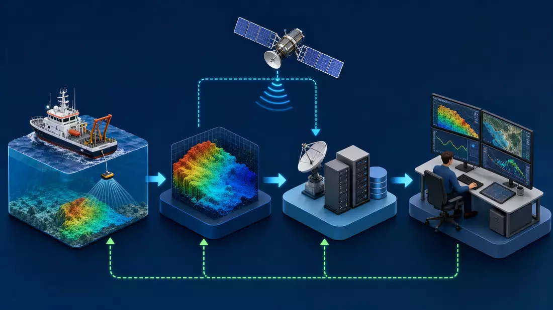 Isometrische Infografik von Vermessungsschiff, Satellit und Datenanalyse-Arbeitsplatz