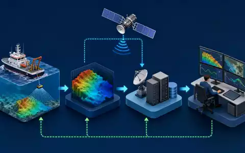 Fugro N.V. (ISIN NL00150004L0) zeigt ein isometrisches 3D-Diagramm der Geo-Daten-Wertschöpfungskette vom Vermessungsschiff bis zur Datenanalyse - Foto: THN