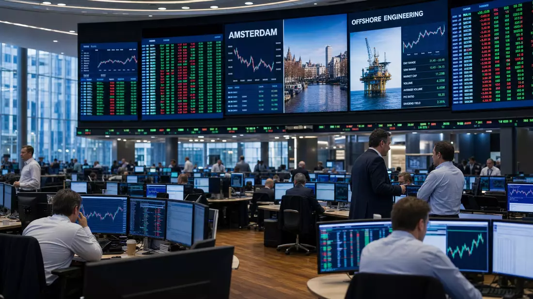 Trading-Floor mit großen Bildschirmen, Charts und Text AMSTERDAM