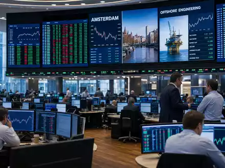 Fugro N.V. (ISIN NL00150004L0) zeigt ein Börsen-Editorial mit Trading-Floor, Kursdiagrammen und Kürzel AMSTERDAM auf Bildschirmen - Foto: THN