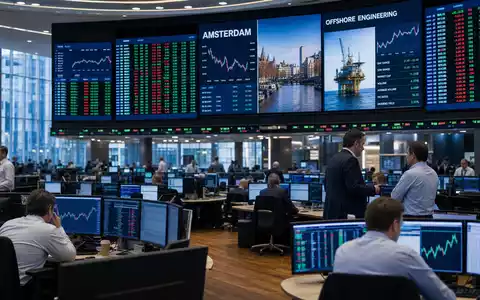 Fugro N.V. (ISIN NL00150004L0) zeigt ein Börsen-Editorial mit Trading-Floor, Kursdiagrammen und Kürzel AMSTERDAM auf Bildschirmen - Foto: THN
