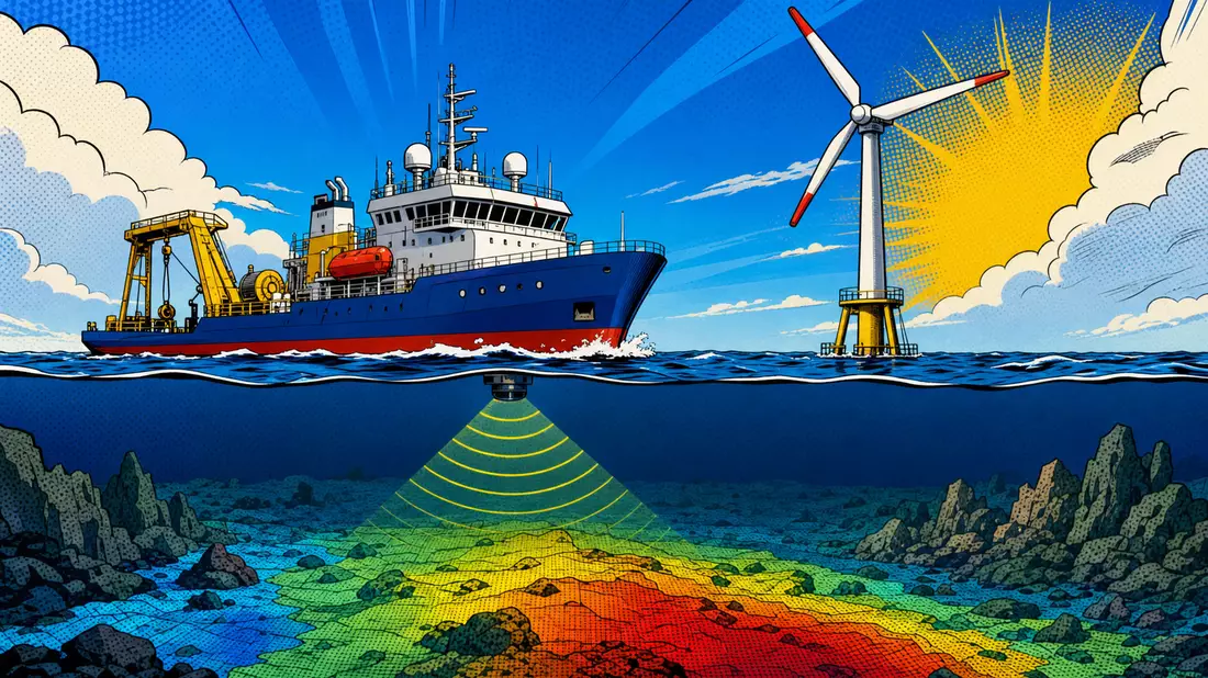 Bunte Comic-Illustration von Schiff mit Sonarstrahlen und Windturbine