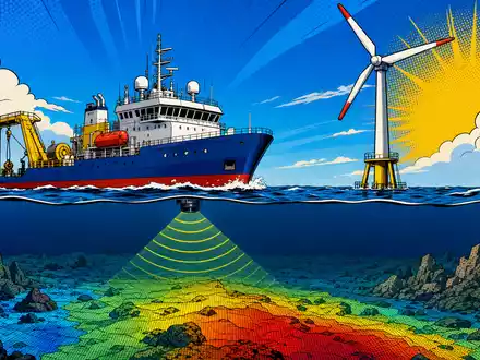 Fugro N.V. (ISIN NL00150004L0) zeigt ein Pop-Art-Comic mit stilisiertem Vermessungsschiff, Sonarwellen und Offshore-Windturbine im Meer - Foto: THN