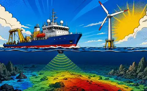 Fugro N.V. (ISIN NL00150004L0) zeigt ein Pop-Art-Comic mit stilisiertem Vermessungsschiff, Sonarwellen und Offshore-Windturbine im Meer - Foto: THN