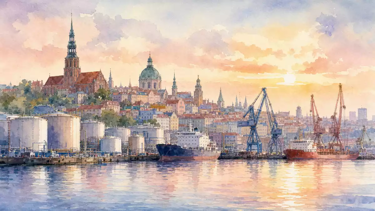 Aquarellmalerei einer Hafenstadt mit Tanklager-Silhouetten bei Sonnenuntergang