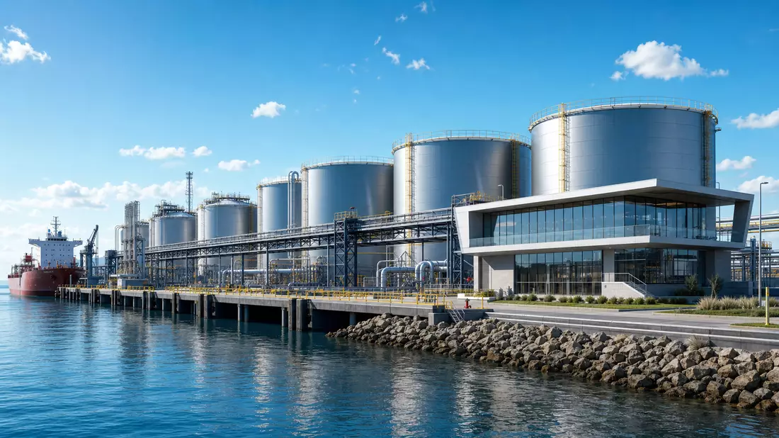 Architektur-Rendering einer modernen Tanklager-Anlage mit Bürogebäude am Wasser