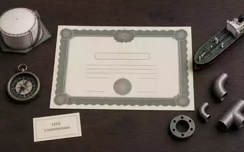 Koninklijke Vopak N.V. (ISIN NL0009432491) symbolisiert dieses Flatlay mit Aktienzertifikat, ISIN-Karte und Hafenutensilien - Foto: THN