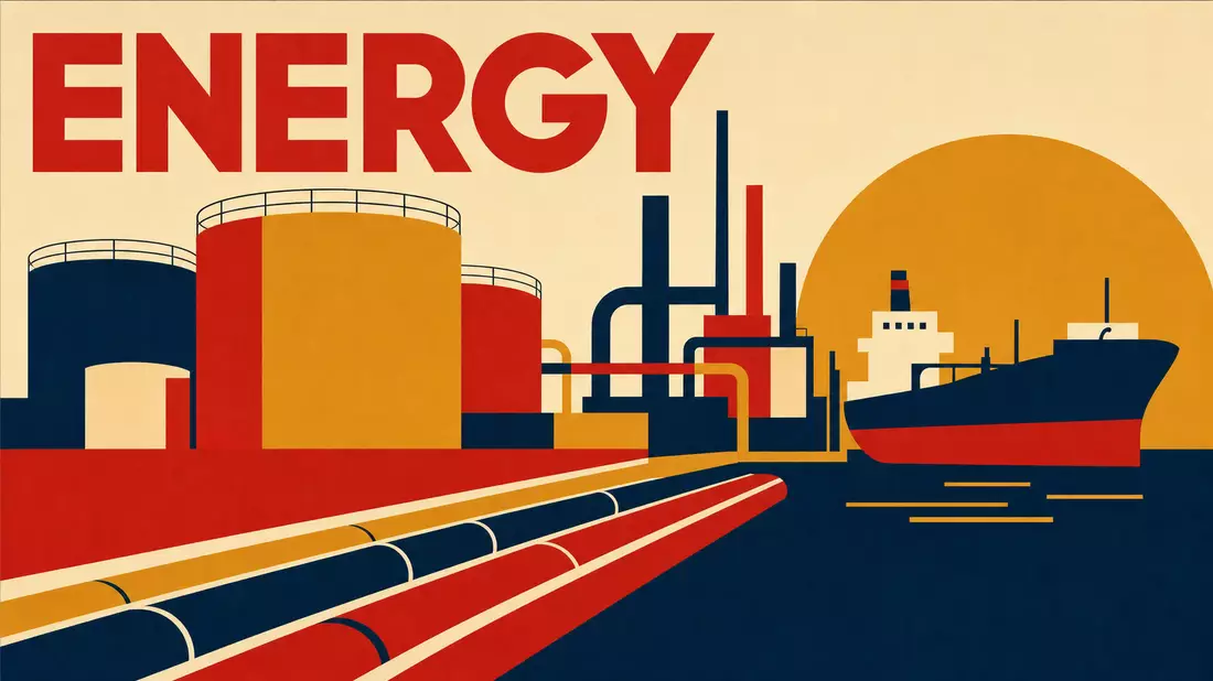 Bauhaus-Poster mit geometrischen Tanks, Pipelines und Schiff sowie Schriftzug ENERGY