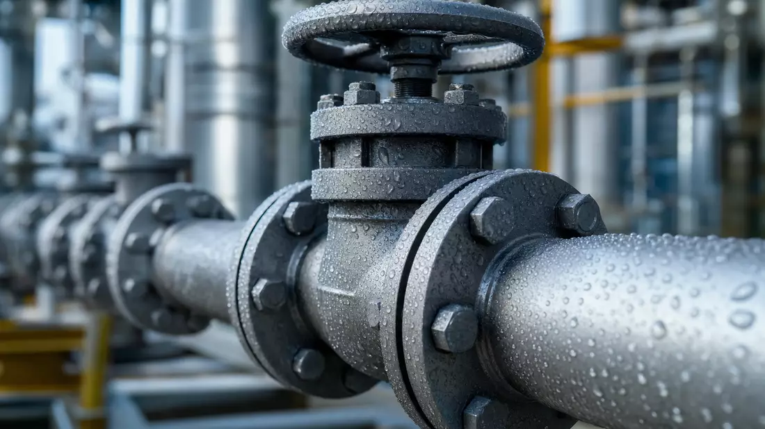 Makroaufnahme eines Pipeline-Ventils mit Wassertropfen auf Metallflanschen