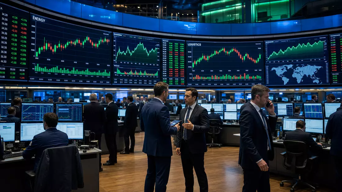 Trading-Floor mit Händlern vor Bildschirmen mit Energie- und Logistik-Charts