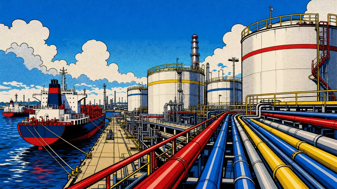 Pop-Art-Comic-Illustration eines Hafenterminals mit Tanks, Pipelines und Schiff