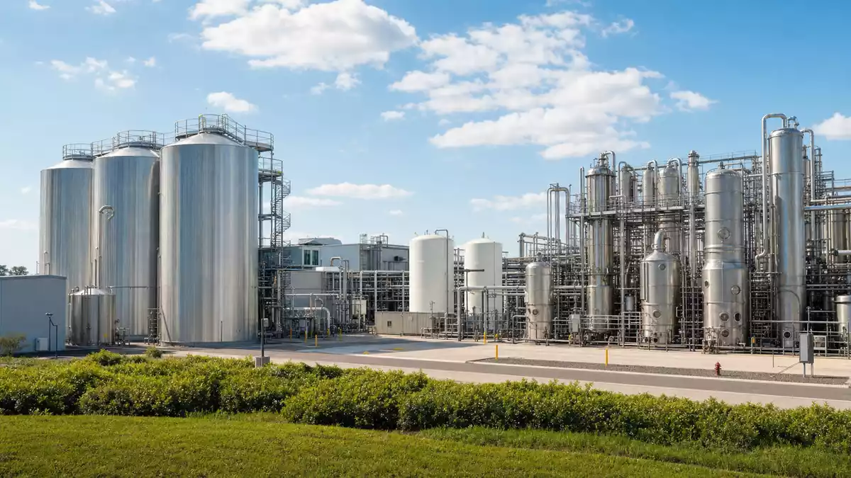 Moderne Fermentationsanlage mit Edelstahltanks für biobasierte Ingredienzien-Produktion