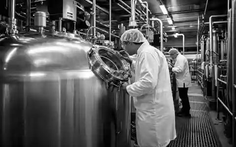 Dokumentarische Schwarzweiß-Aufnahme zeigt Mitarbeiter bei Corbion N.V. (ISIN NL0010583399) an Fermentationstanks im Werk - Foto: THN