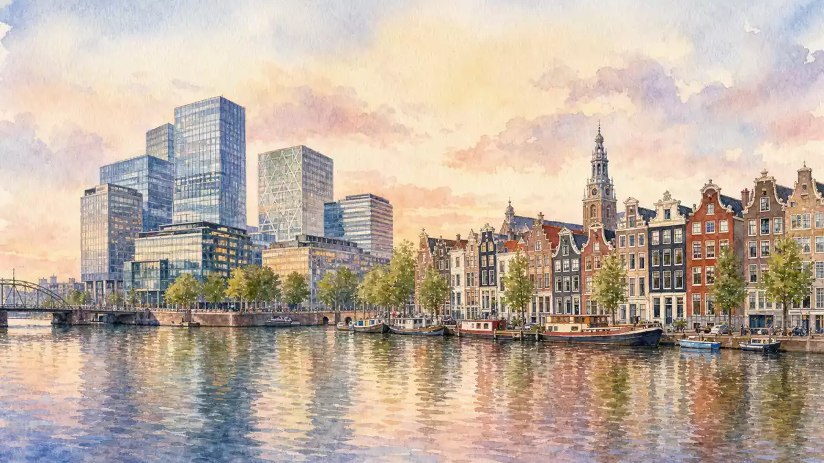 Aquarellbild von Amsterdamer Skyline und Grachtenhäusern bei Sonnenuntergang