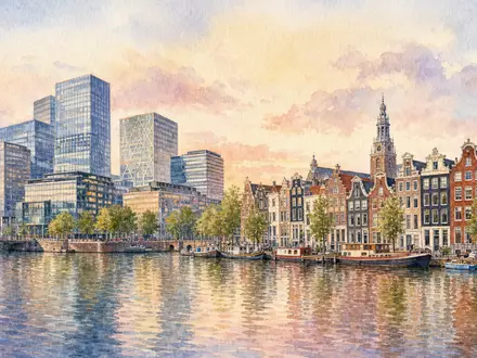 Aquarellmalerei der Amsterdamer Skyline repräsentiert den Firmensitz von Corbion N.V. (ISIN NL0010583399) am Wasser - Foto: THN