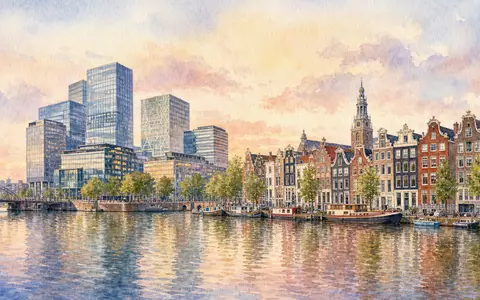 Aquarellmalerei der Amsterdamer Skyline repräsentiert den Firmensitz von Corbion N.V. (ISIN NL0010583399) am Wasser - Foto: THN