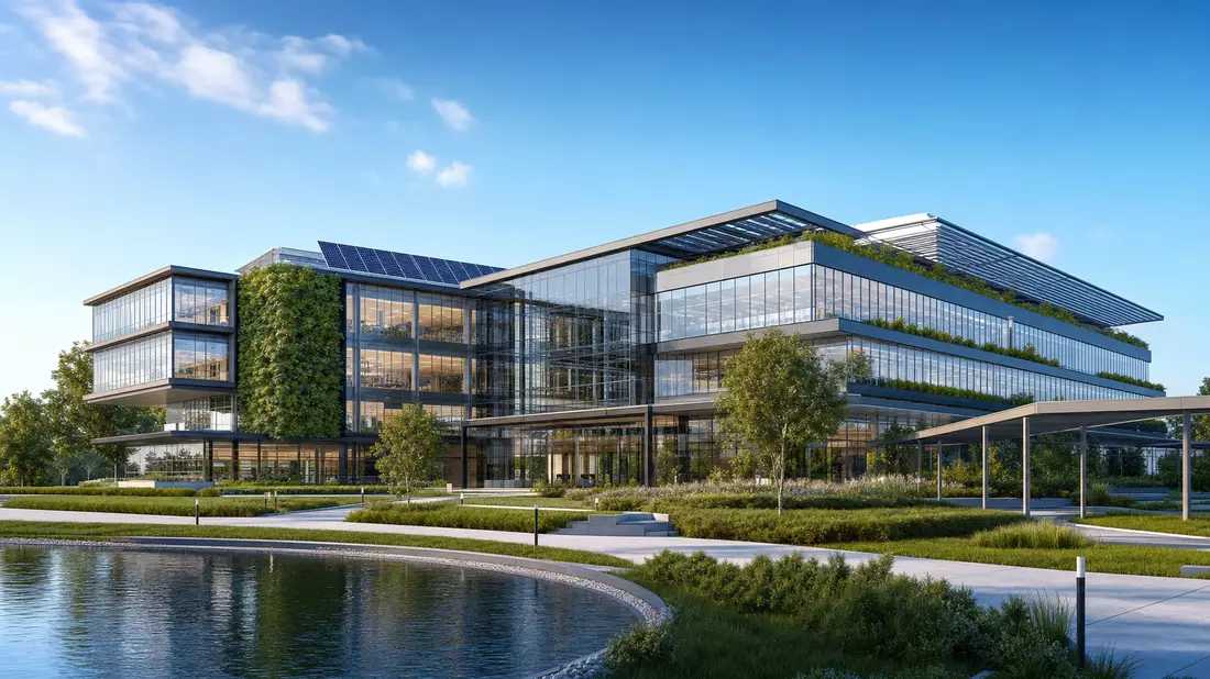 3D-Render eines modernen Glas- und Stahl-Firmensitzes mit begrünter Fassade