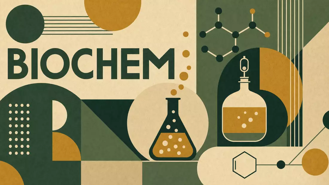 Bauhaus-Poster mit geometrischen Formen und dem Schriftzug BIOCHEM in Grün und Ocker