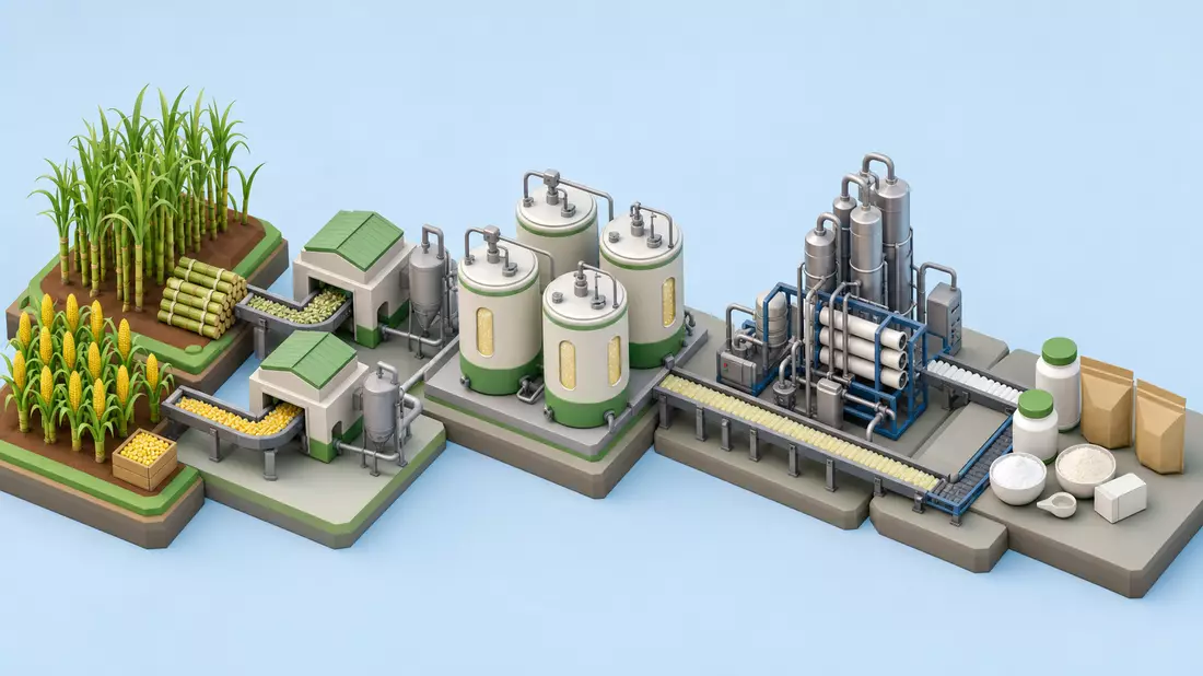 Isometrische 3D-Grafik von Rohstoffen, Fermentationstanks und verpackten Ingredienzien