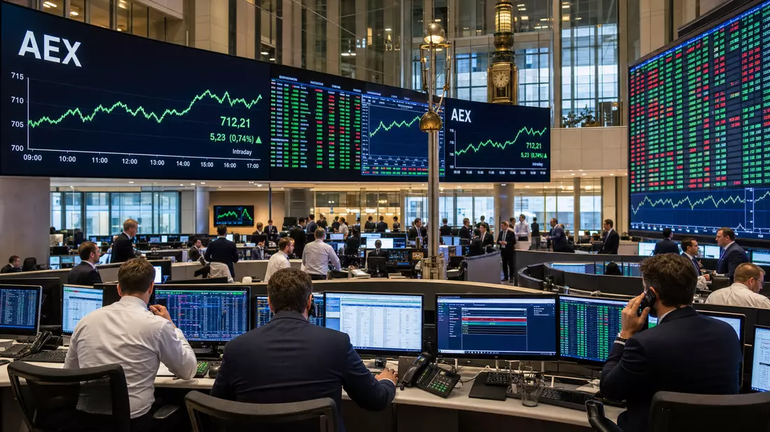 Handelssaal mit AEX-Kurstafeln und Händlern an Bildschirmen im Finanzviertel