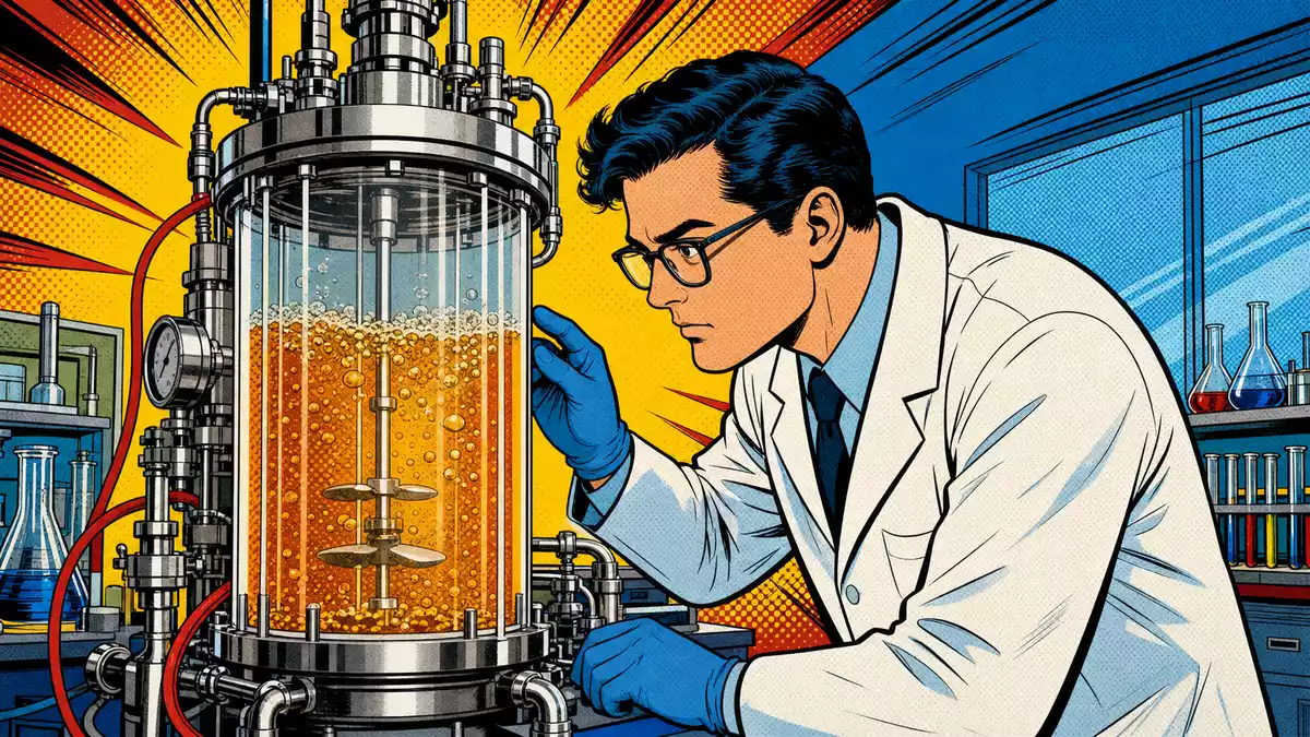 Bunte Comic-Illustration eines Wissenschaftlers im Labormantel an einem Bioreaktor