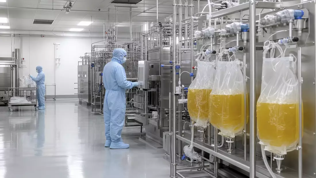 Fotorealistische Aufnahme einer sterilen Bioprozessanlage mit Einwegbeuteln und Bioreaktoren