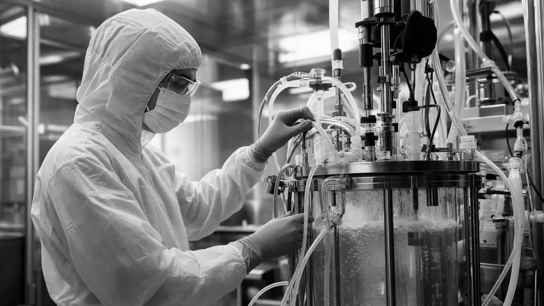 Schwarz-Weiß-Reportage eines Technikers an einem Single-Use-Bioreaktor im Reinraum