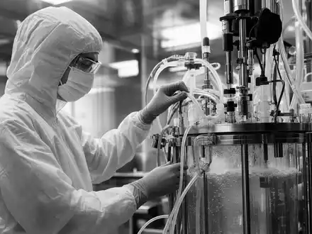 Sartorius Stedim Biotech Techniker kontrolliert sorgfältig einen Single-Use-Bioreaktor im sterilen Reinraumlabor, ISIN FR0013154002 - Foto: THN